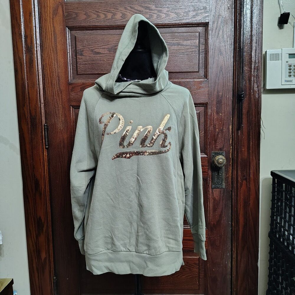Victoria's Secret Olive Green Rose Gold Sequin Pink Pullover Hoodie/T570